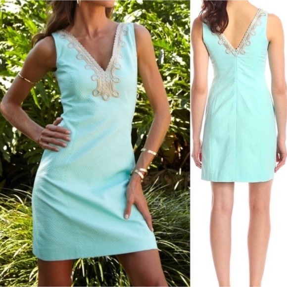 Lilly Pulitzer Dresses & Skirts - Lilly Pulitzer Bentley Sleeveless Aqua Blue Dress Gold Embroidery V Neck Size 14